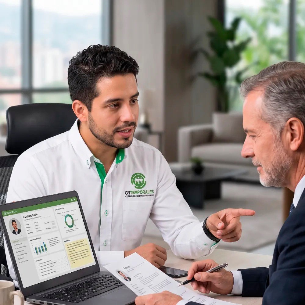 Asesor de GRTemporales mostrando el perfil de un candidato en el computador