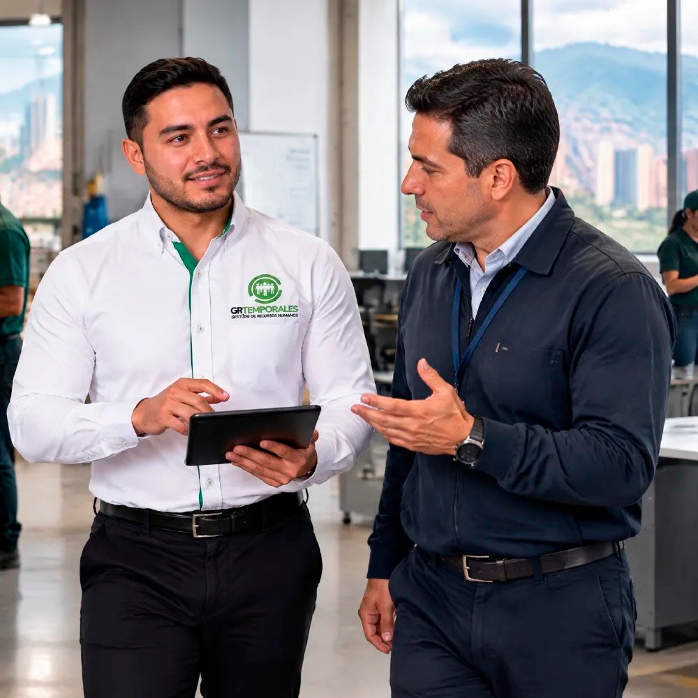 Asesor de GRTemporales conversando con un cliente en la planta de producción