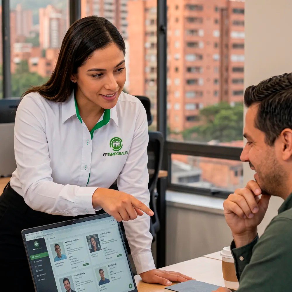 Asesora de GRTemporales presentando perfiles de candidatos en un computador portátil