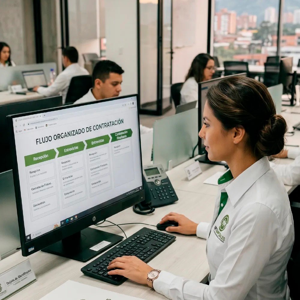 Asesora de GRTemporales revisando el flujo organizado de contratación en el computador