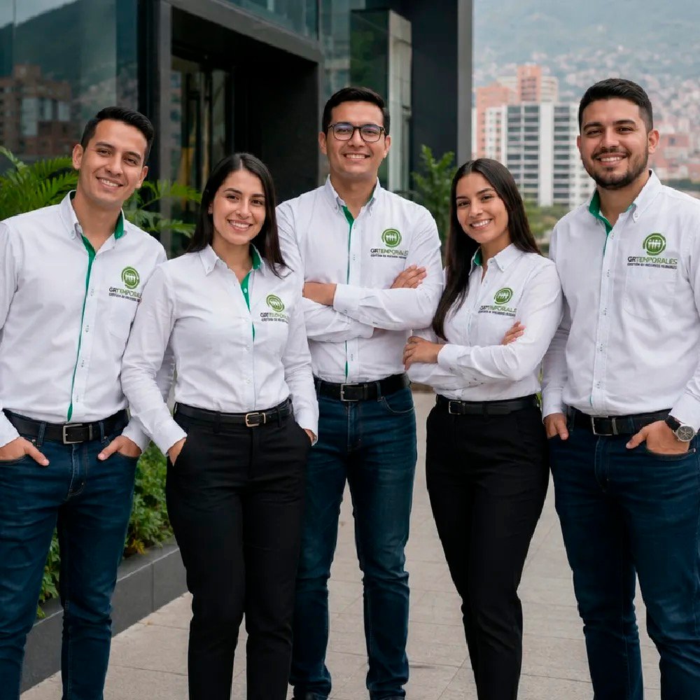 Equipo de colaboradores de GRTemporales sonriendo frente a las oficinas