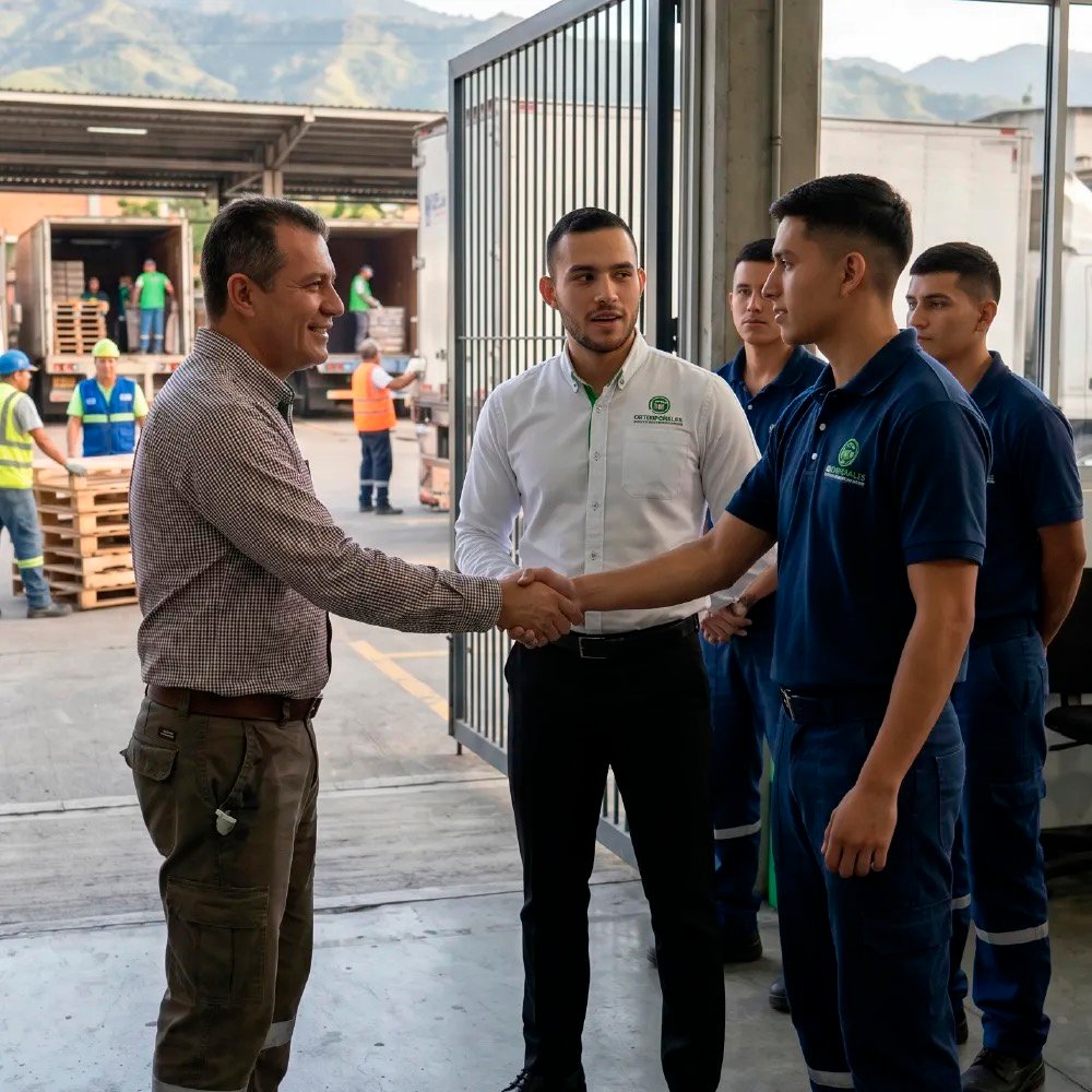 Asesor de GRTemporales saludando a un grupo de colaboradores en misión en una bodega