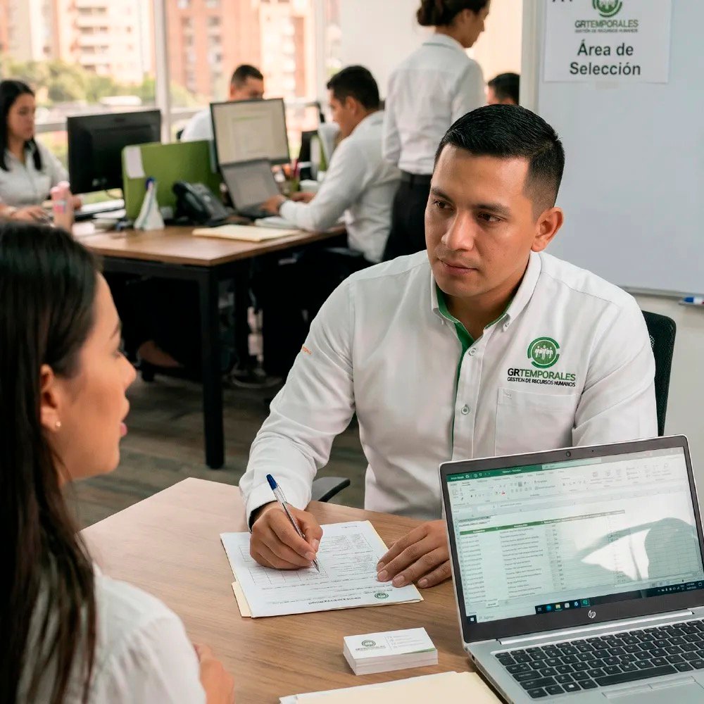 Asesor de GRTemporales conversando con una candidata en el área de selección
